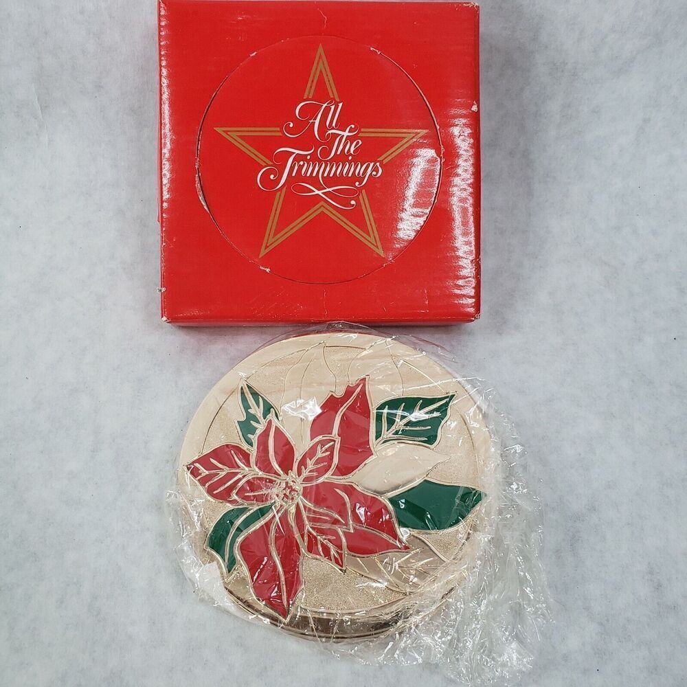 Macy's ALL THE TRIMMINGS Christmas Poinsettia Coasters New In Box